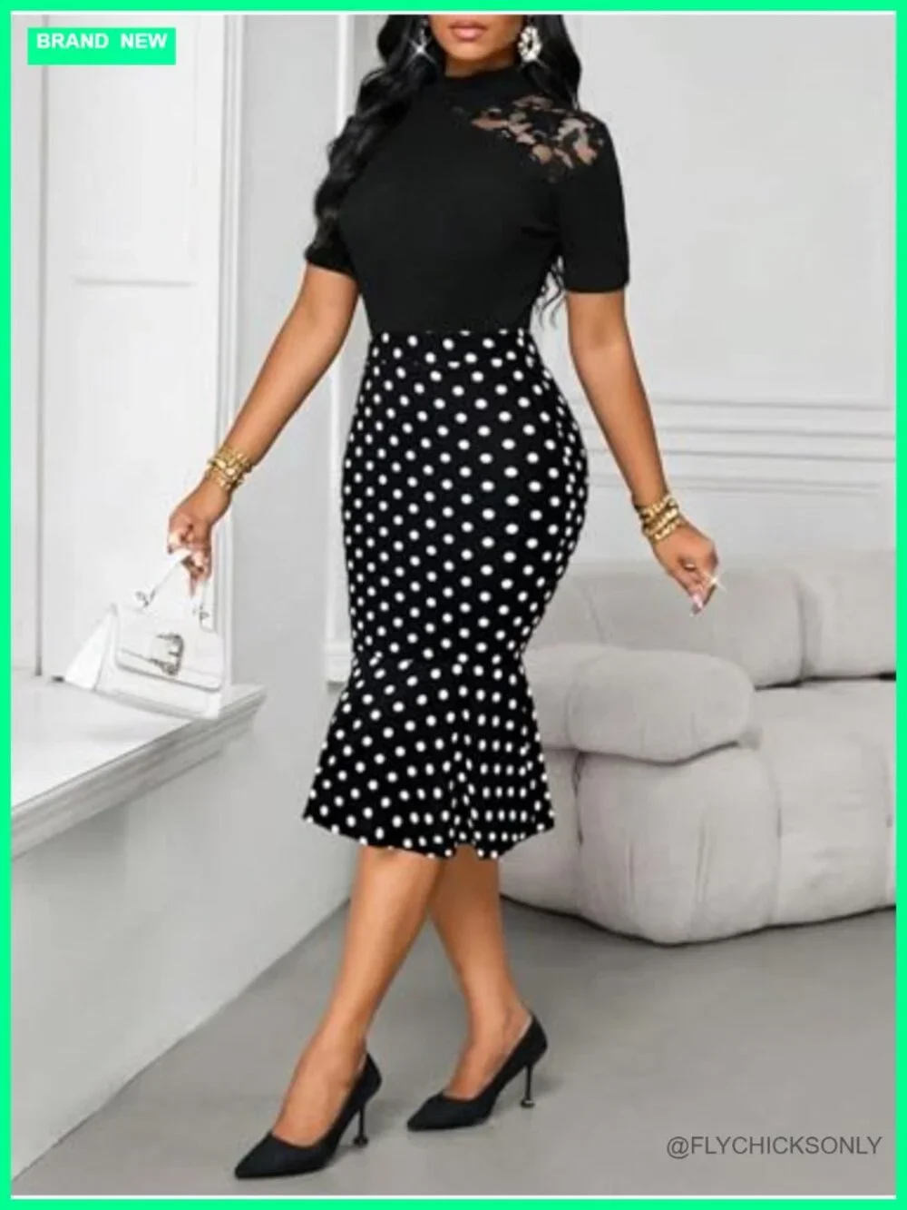 Women's Polka Dot Mermaid High Waist Bodycon Pencil Skirt Below Knee Knit